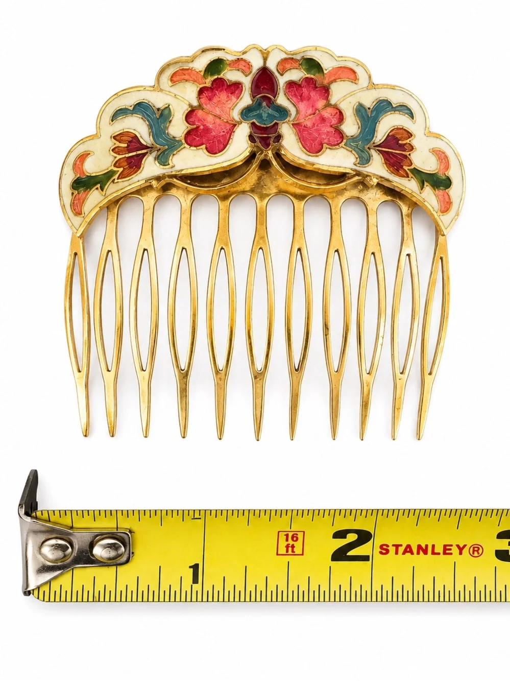 Vintage 1970s Cloisonné Floral Hair Combs Pair Gold Tone Enamel